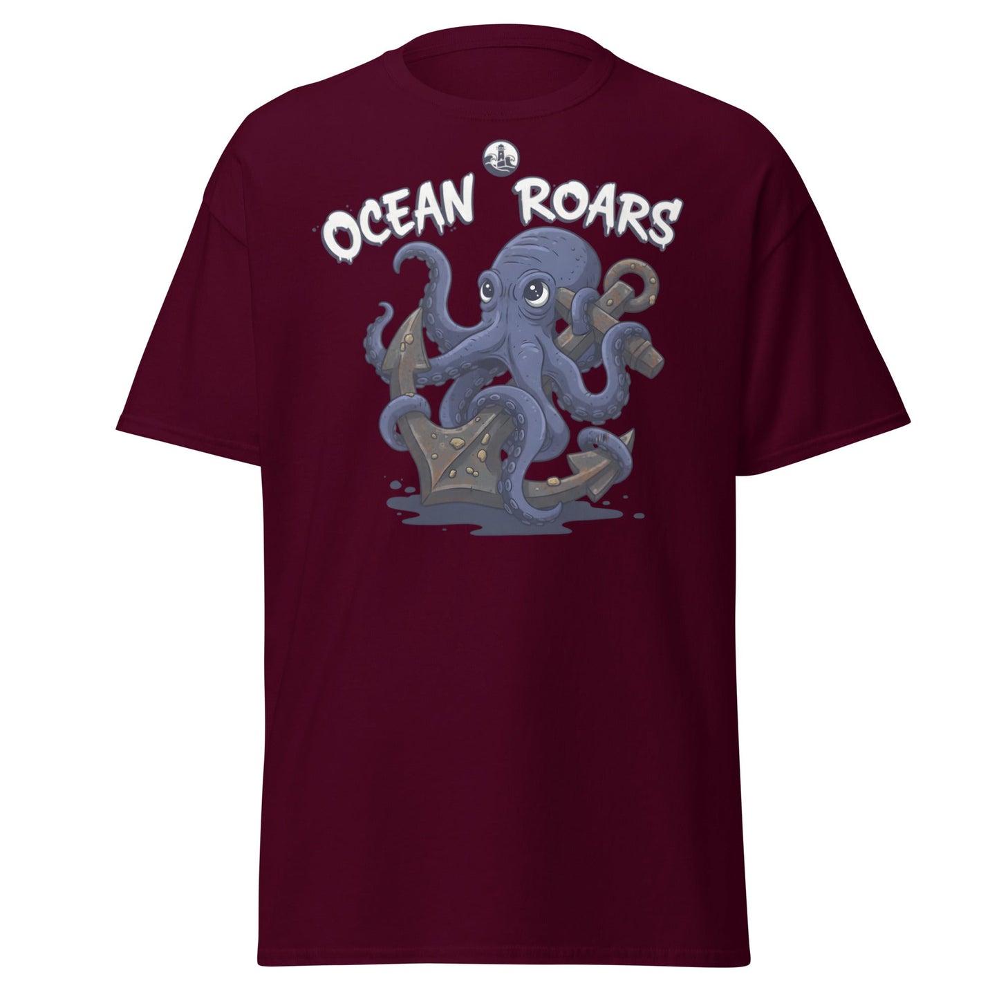 Ocean Roars Octopus T-Shirt | Cute Nautical Marine Life Anchor Tee - Maroon - T-Shirts Online