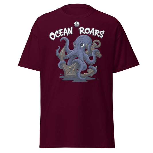Ocean Roars Octopus T-Shirt | Cute Nautical Marine Life Anchor Tee - Maroon - T-Shirts Online