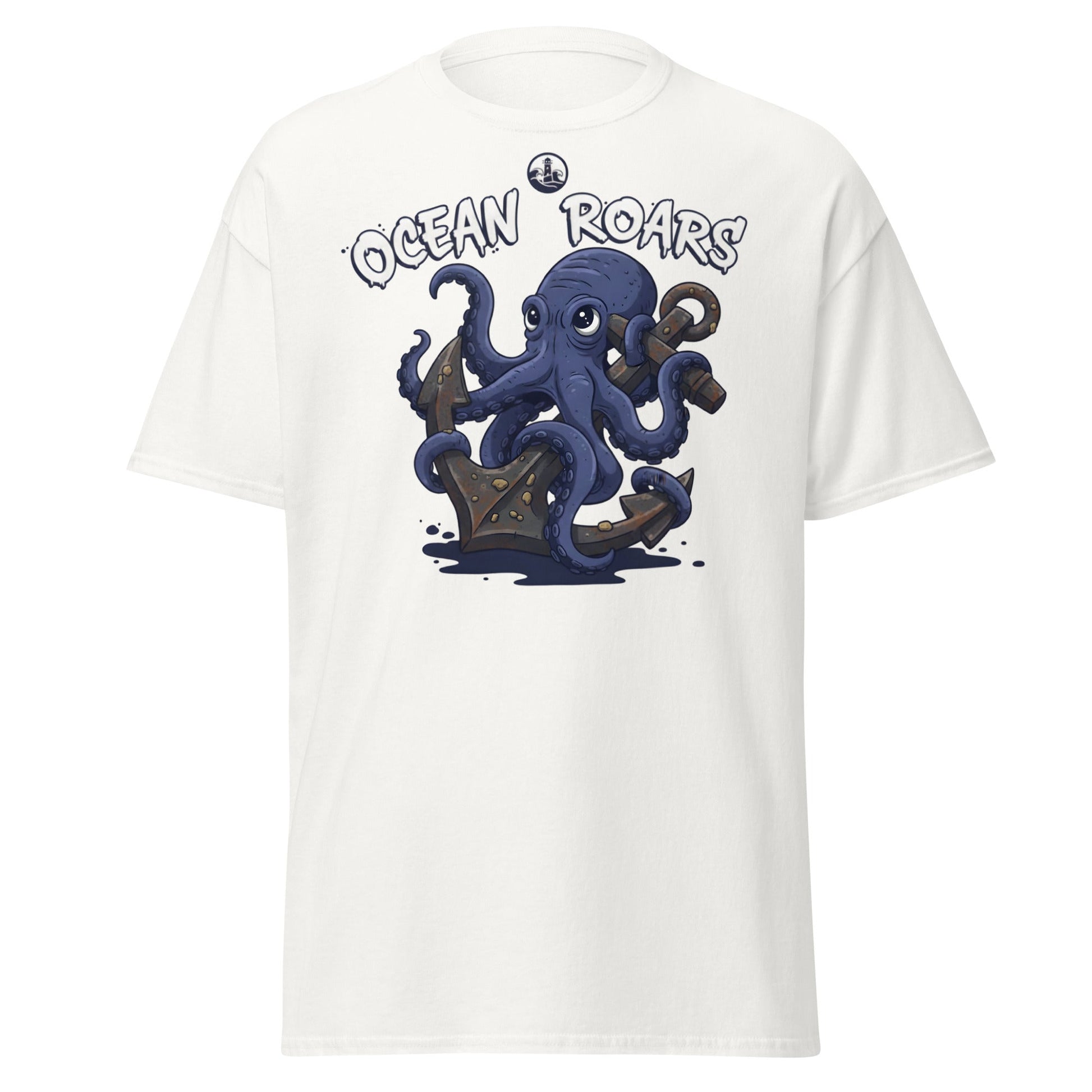 Ocean Roars Octopus T-Shirt | Cute Nautical Marine Life Anchor Tee - White - T-Shirts Online