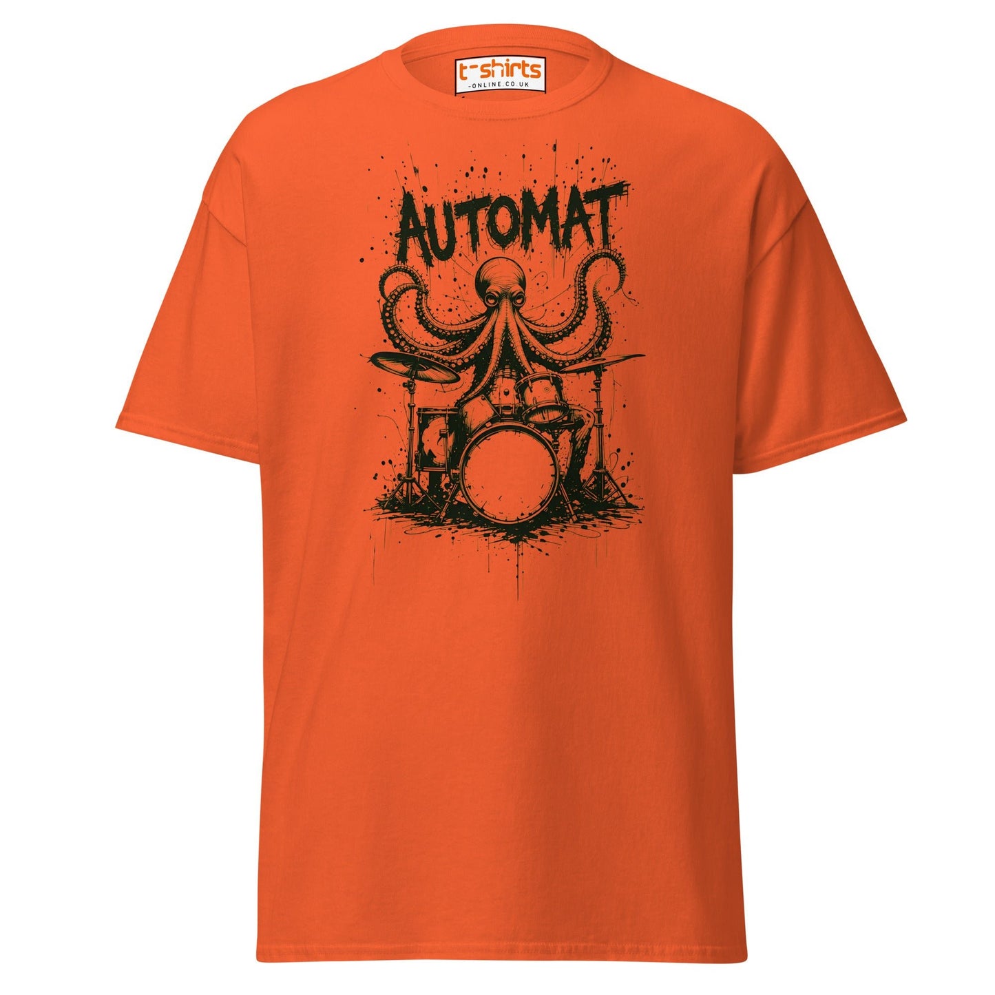 Octopus Drummer T-Shirt | Automat Band Ink Art Tee - Orange - T-Shirts Online
