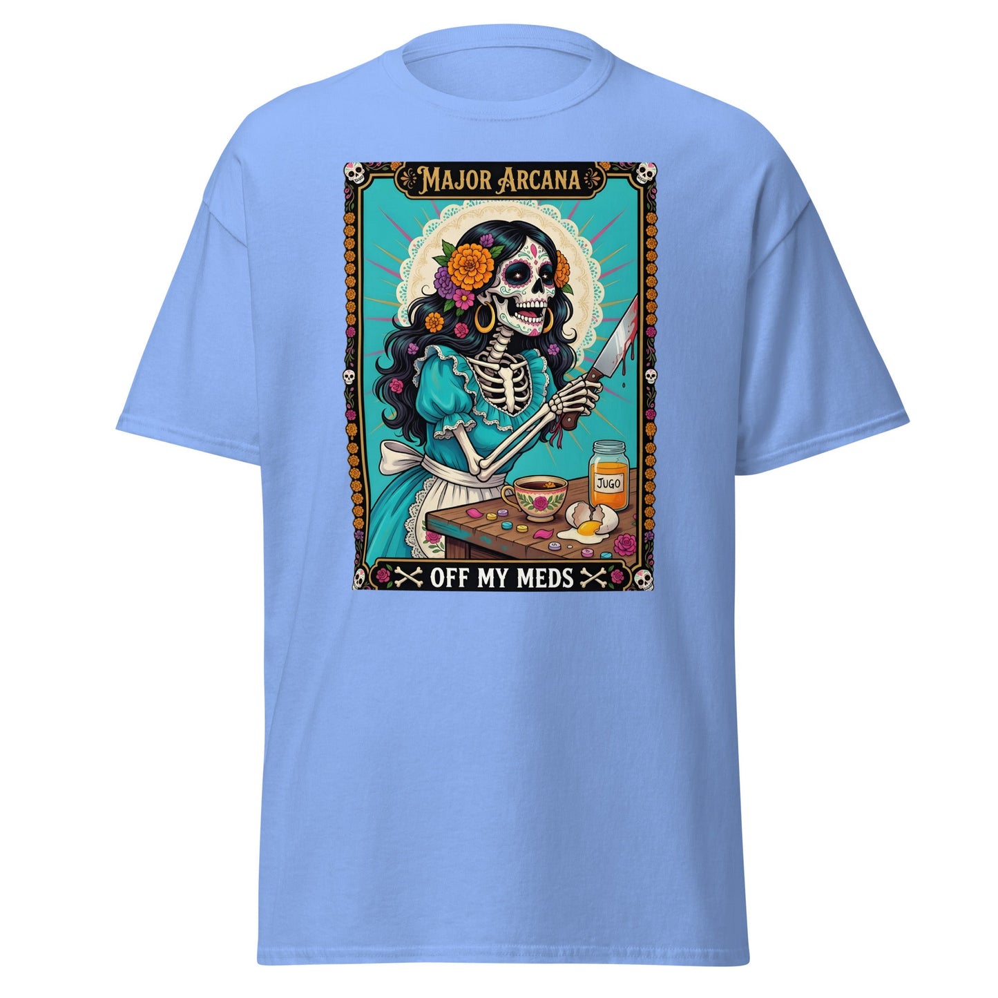 Off My Meds Tarot Skeleton T-Shirt - Carolina Blue - T-Shirts Online