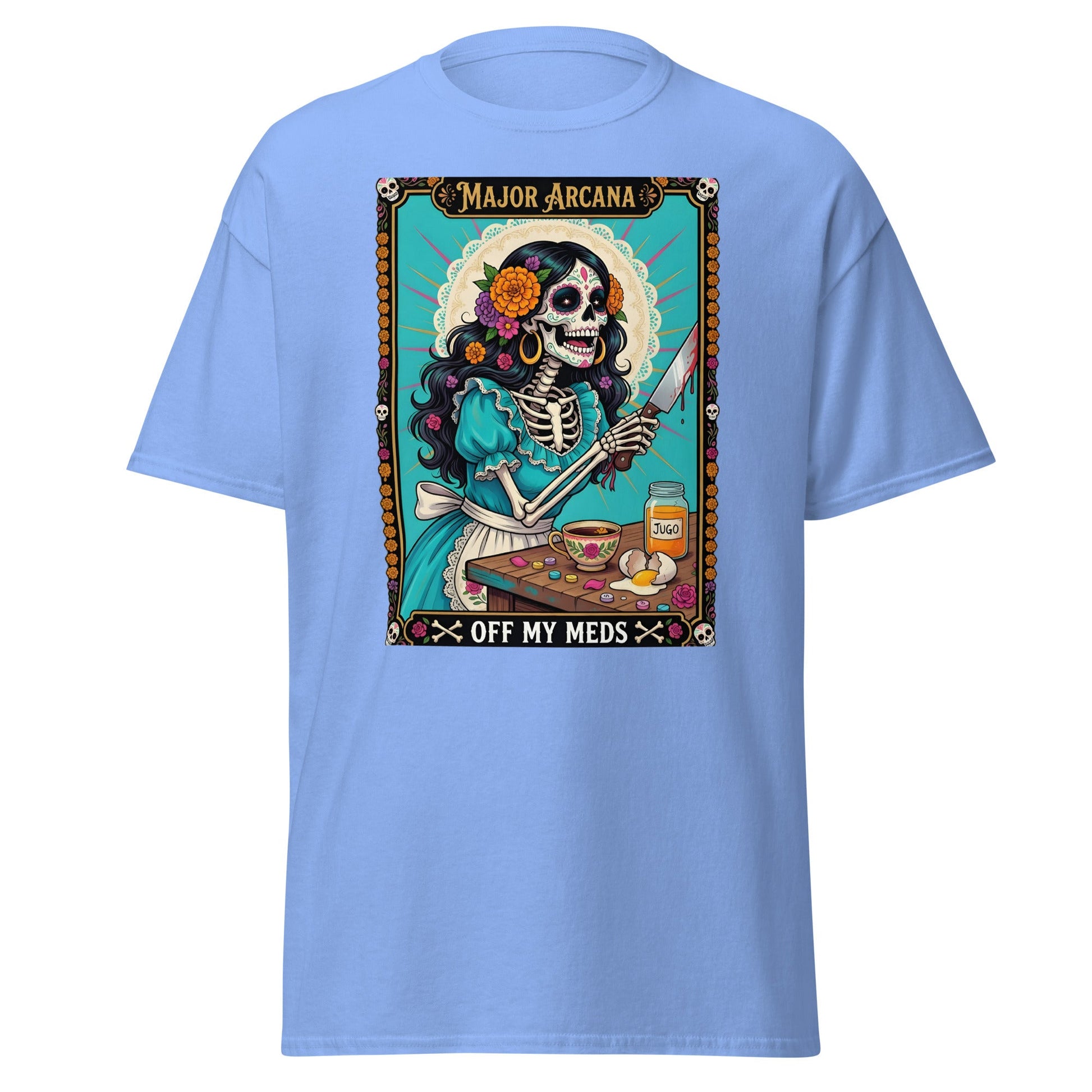 Off My Meds Tarot Skeleton T-Shirt - Carolina Blue - T-Shirts Online