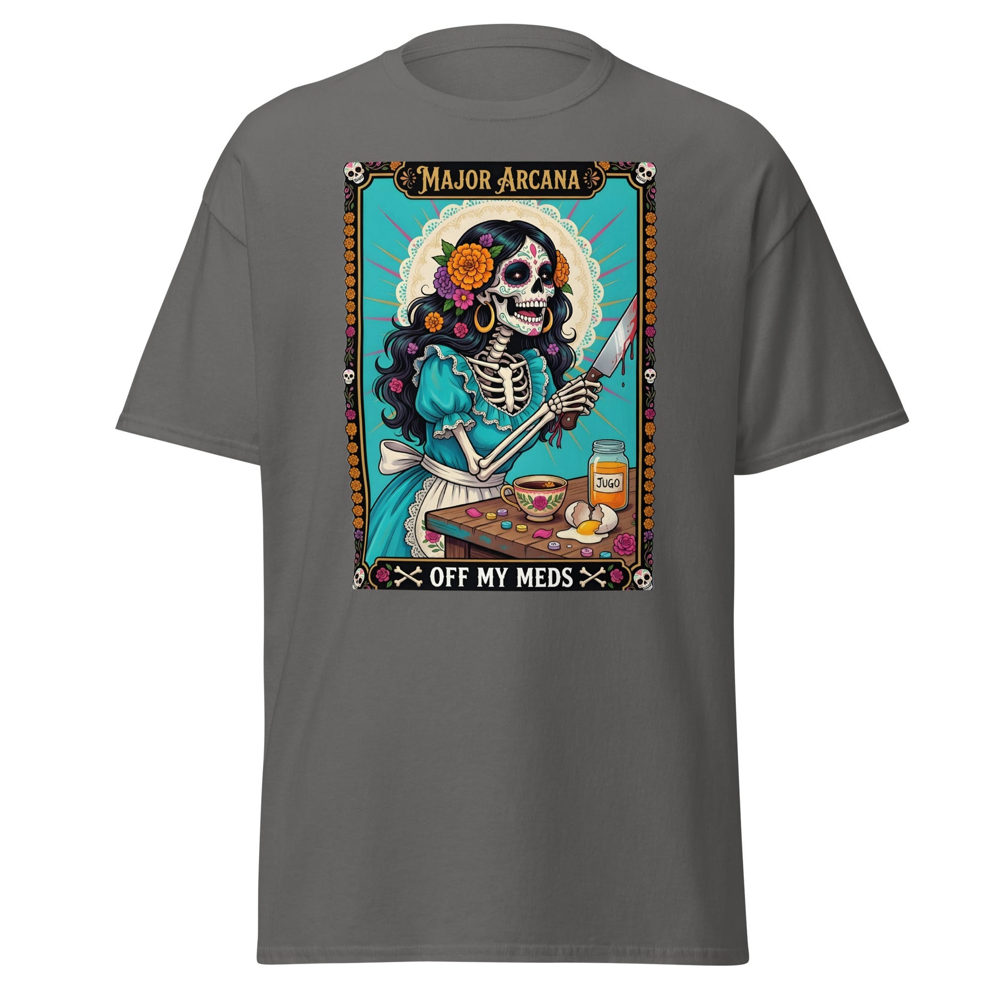Off My Meds Tarot Skeleton T-Shirt - Charcoal - T-Shirts Online