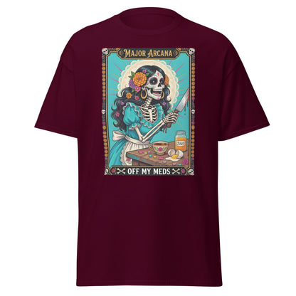 Off My Meds Tarot Skeleton T-Shirt - Maroon - T-Shirts Online