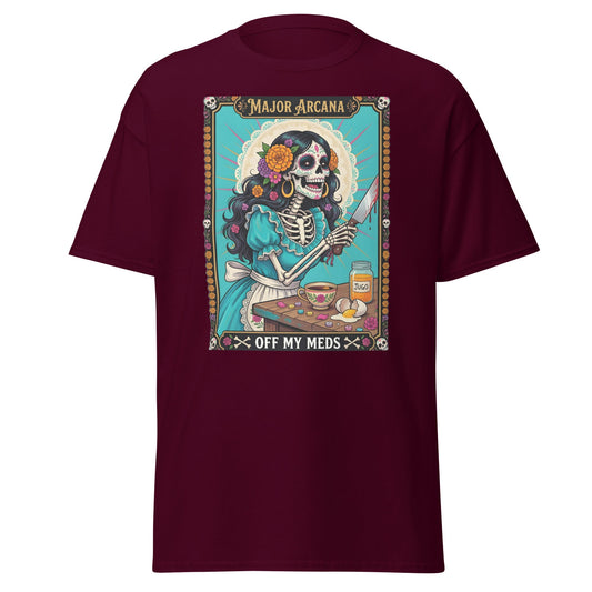 Off My Meds Tarot Skeleton T-Shirt - Maroon - T-Shirts Online