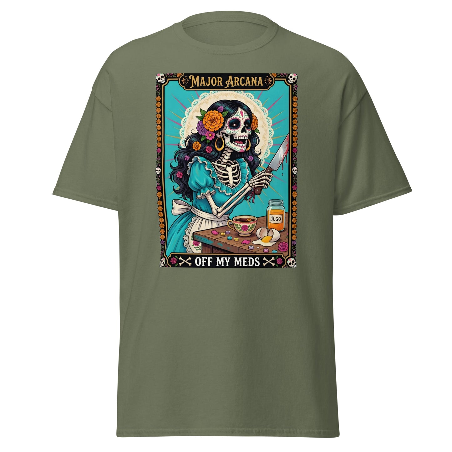 Off My Meds Tarot Skeleton T-Shirt - Military Green - T-Shirts Online