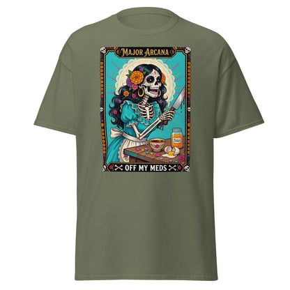 Off My Meds Tarot Skeleton T-Shirt - Military Green - T-Shirts Online