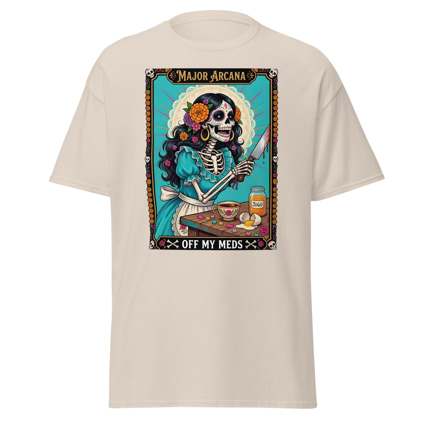 Off My Meds Tarot Skeleton T-Shirt - Natural - T-Shirts Online