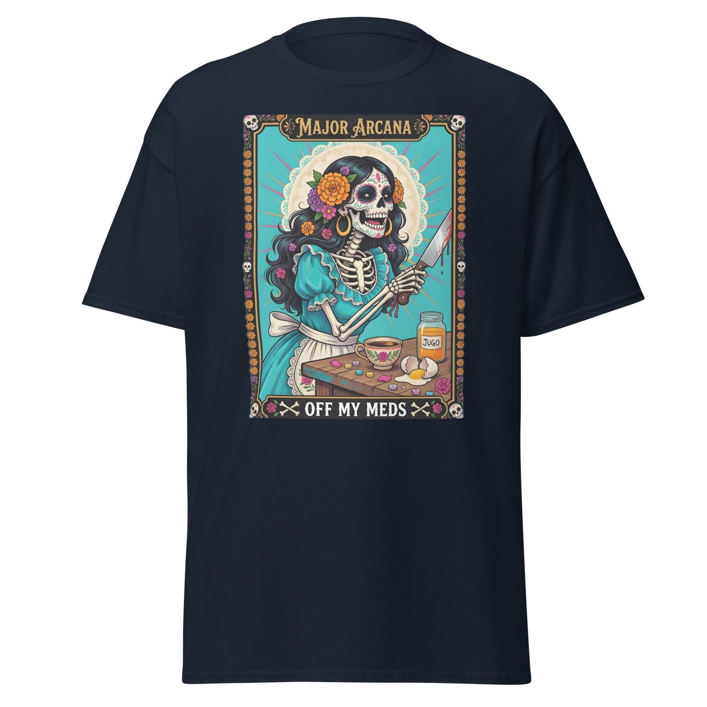 Off My Meds Tarot Skeleton T-Shirt - Navy - T-Shirts Online