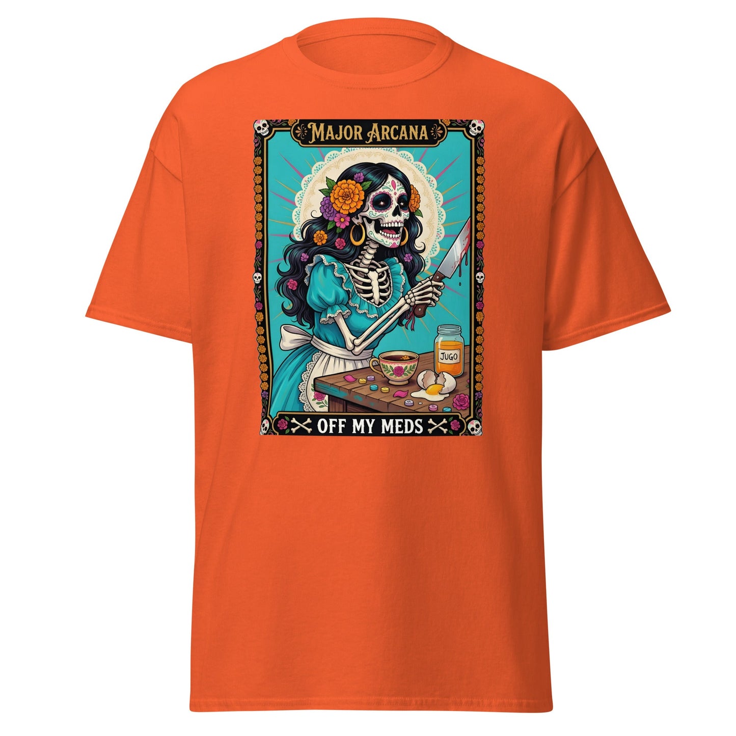 Off My Meds Tarot Skeleton T-Shirt - Orange - T-Shirts Online