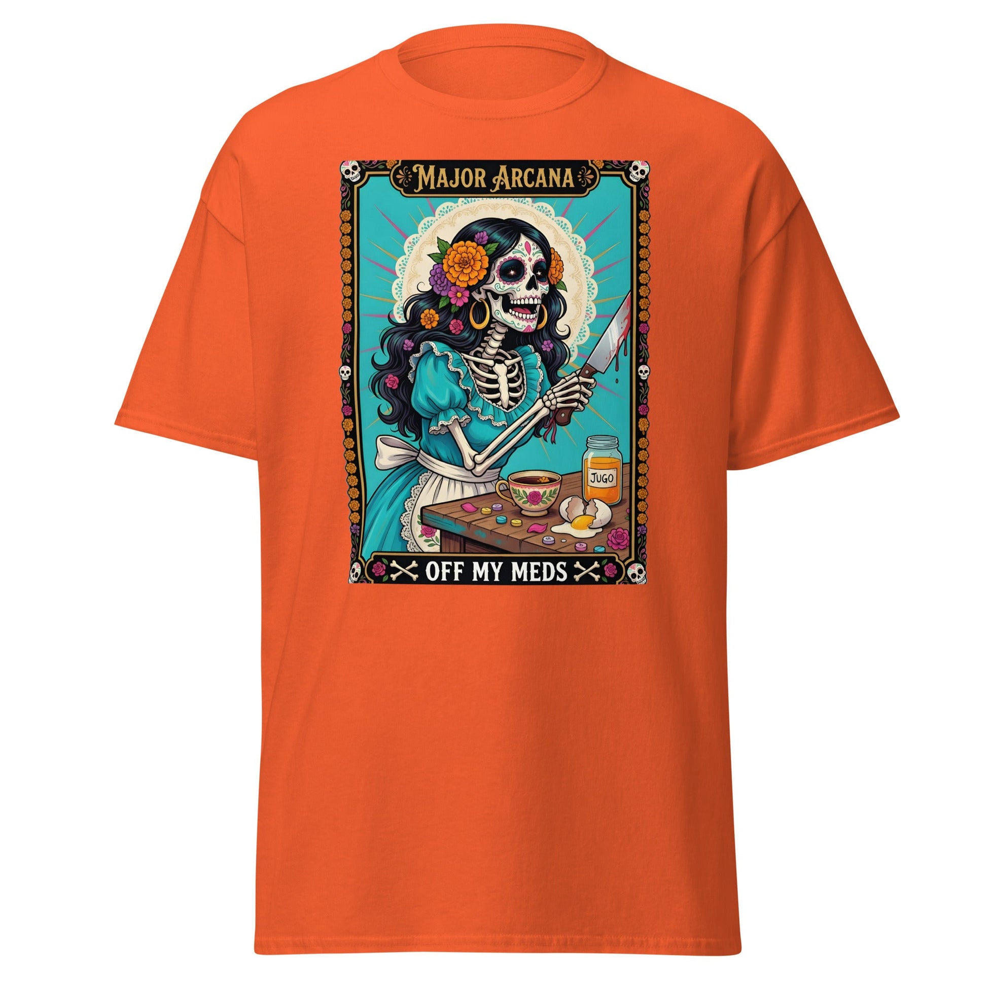 Off My Meds Tarot Skeleton T-Shirt - Orange - T-Shirts Online