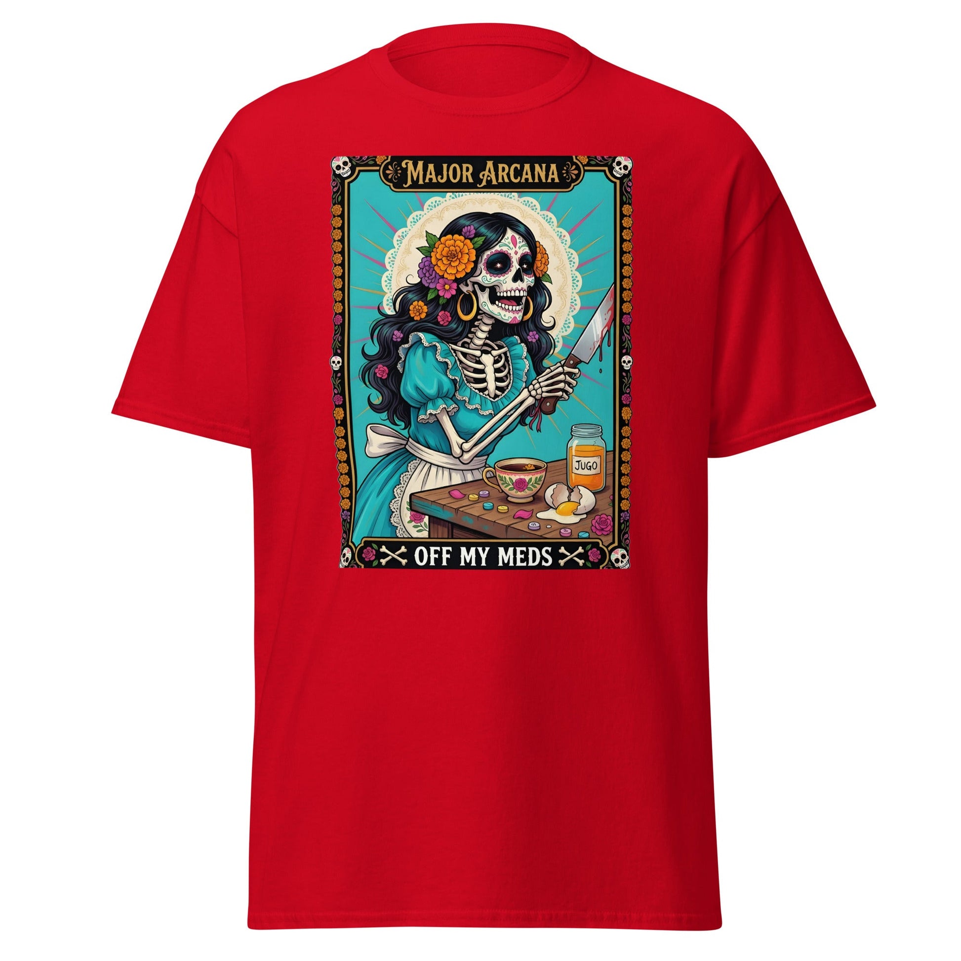 Off My Meds Tarot Skeleton T-Shirt - Red - T-Shirts Online