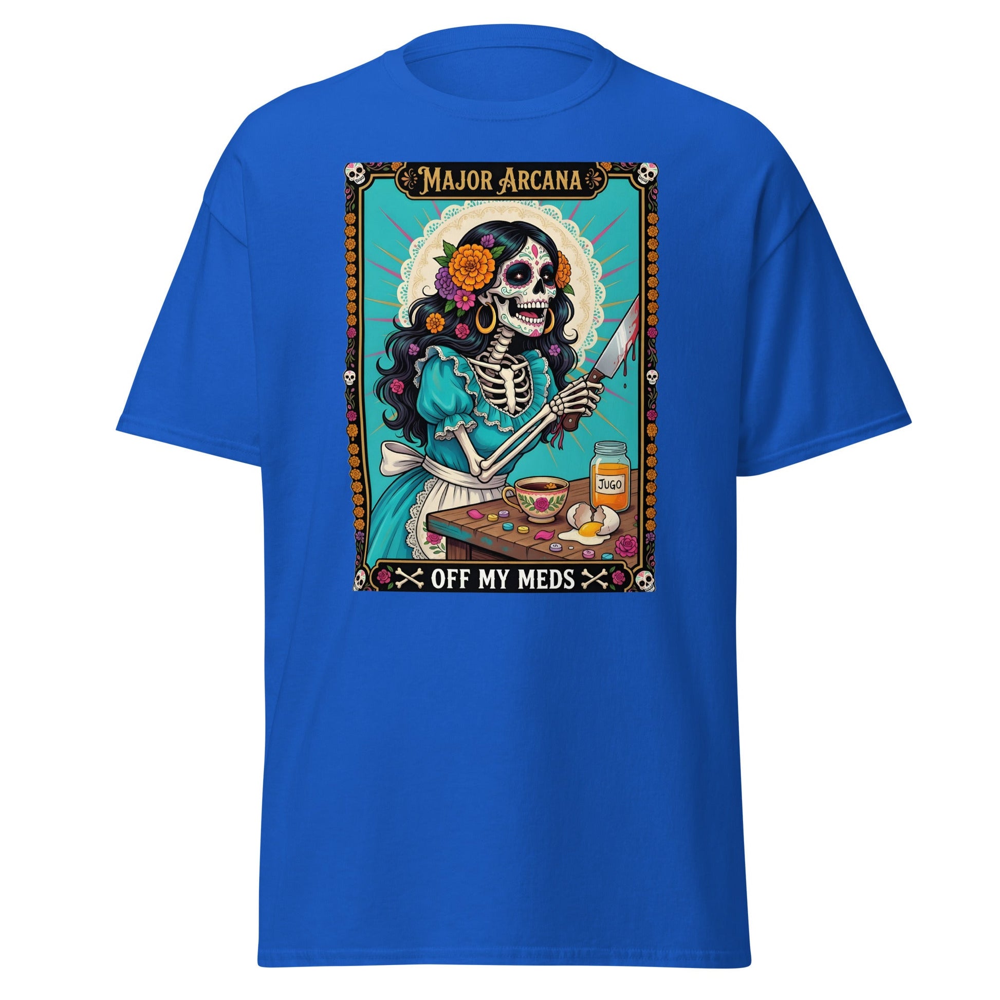 Off My Meds Tarot Skeleton T-Shirt - Royal - T-Shirts Online