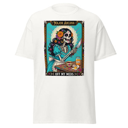 Off My Meds Tarot Skeleton T-Shirt - White - T-Shirts Online