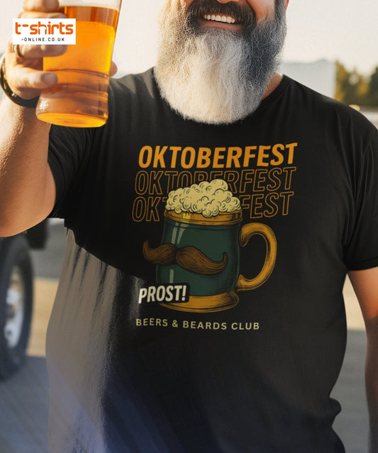 Man wearing a black t-shirt with Oktoberfest design, holding a beer mug.
