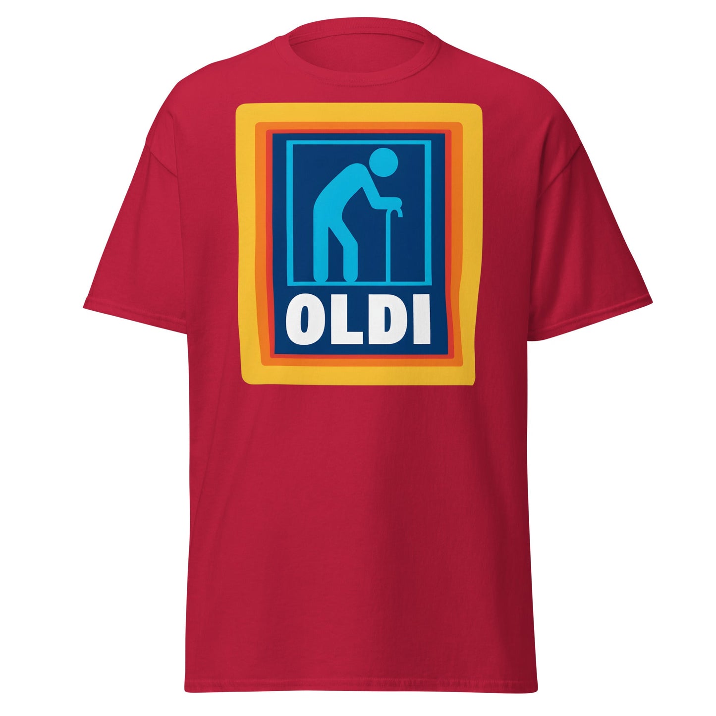 OLDI T-Shirt - Funny Senior Aldi Logo Parody Tee - Cardinal - T-Shirts Online