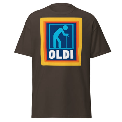 OLDI T-Shirt - Funny Senior Aldi Logo Parody Tee - Dark Chocolate - T-Shirts Online