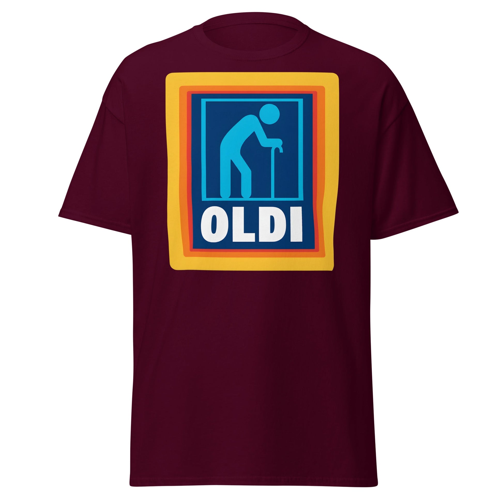 OLDI T-Shirt - Funny Senior Aldi Logo Parody Tee - Maroon - T-Shirts Online