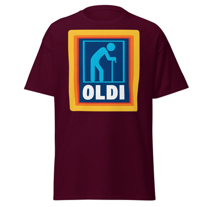 OLDI T-Shirt - Funny Senior Aldi Logo Parody Tee - Maroon - T-Shirts Online