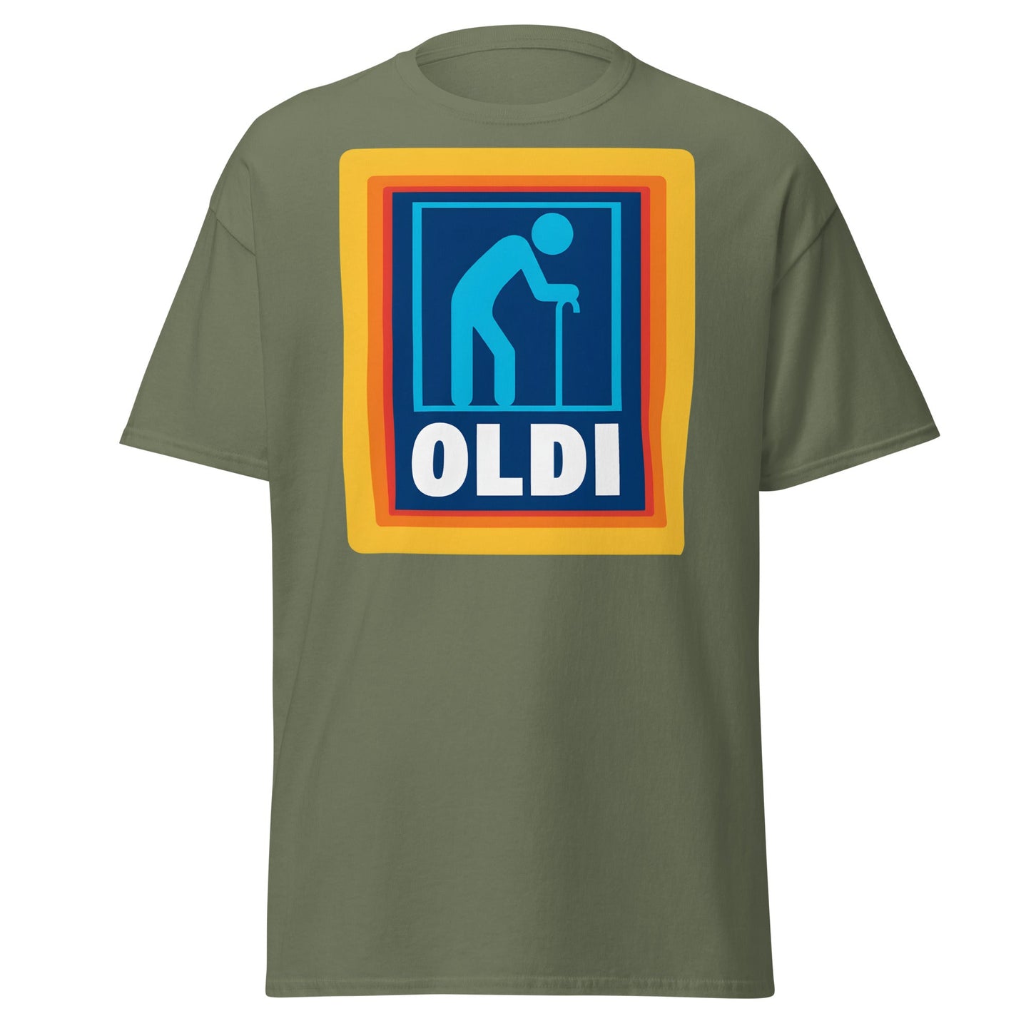 OLDI T-Shirt - Funny Senior Aldi Logo Parody Tee - Military Green - T-Shirts Online