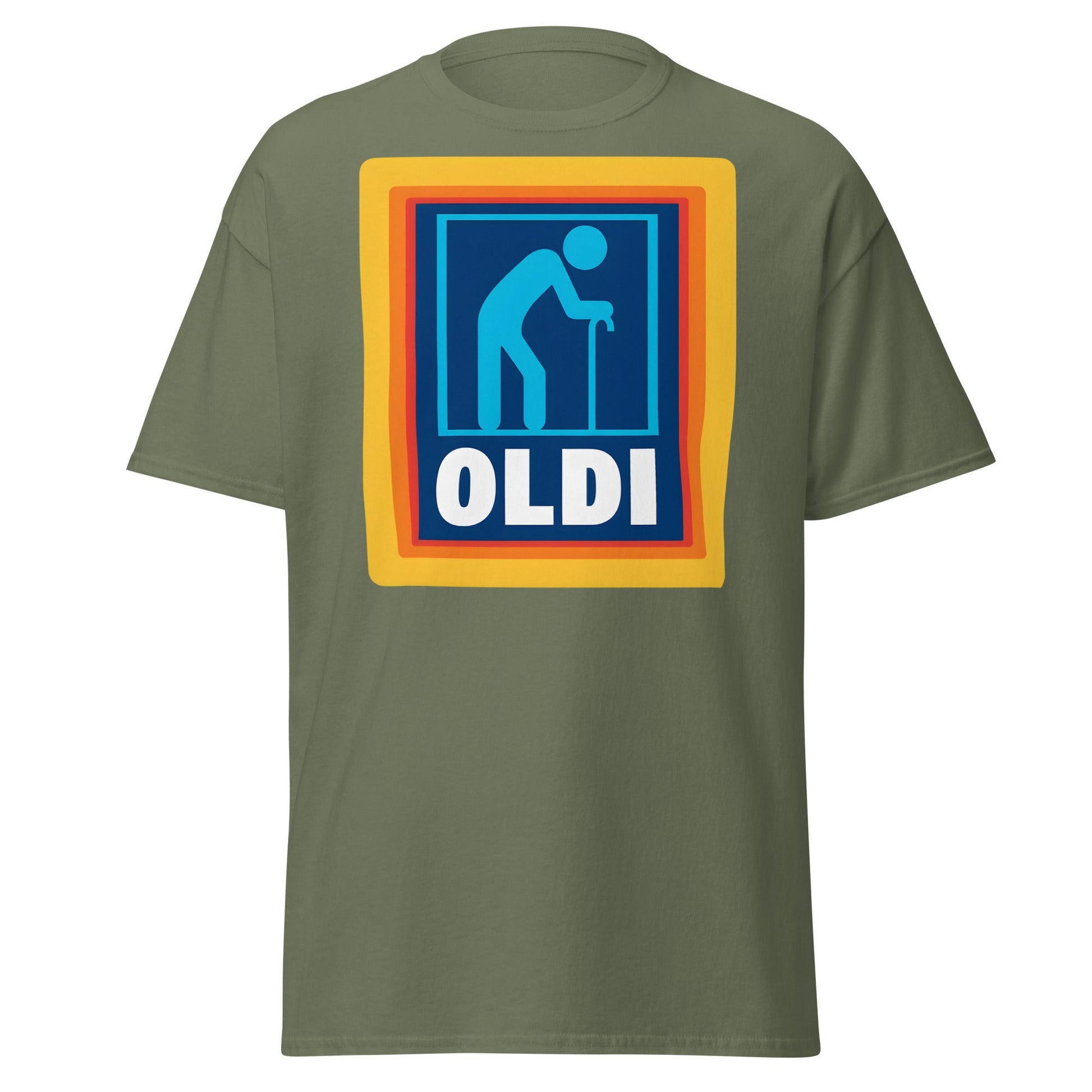 OLDI T-Shirt - Funny Senior Aldi Logo Parody Tee - Military Green - T-Shirts Online