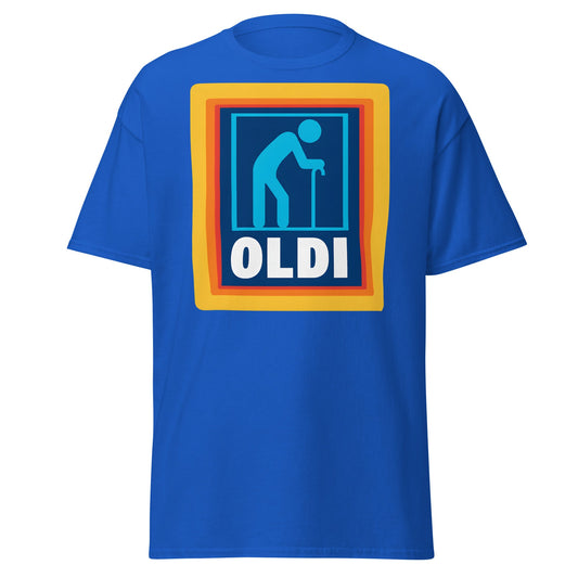 OLDI T-Shirt - Funny Senior Aldi Logo Parody Tee - Royal - T-Shirts Online