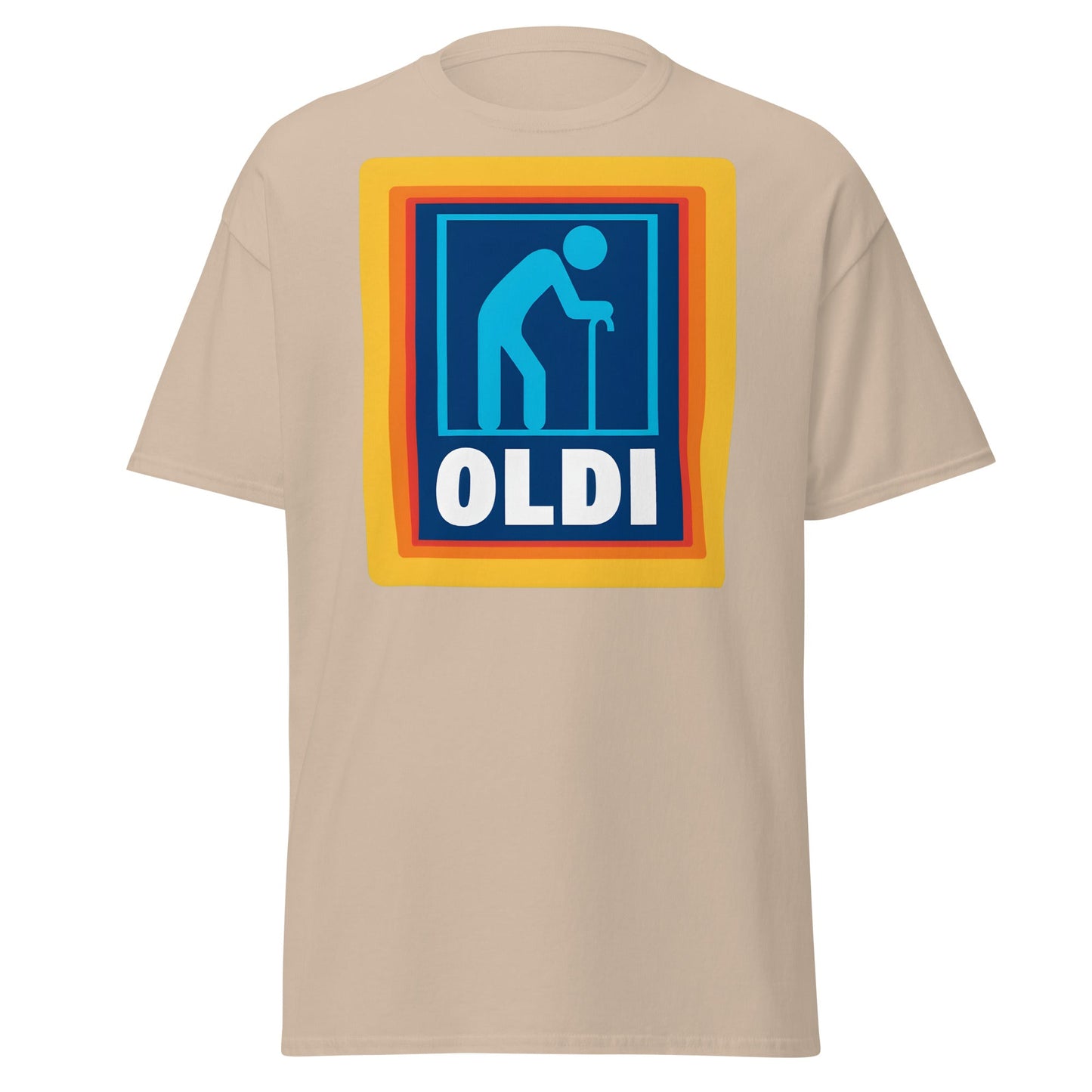 OLDI T-Shirt - Funny Senior Aldi Logo Parody Tee - Sand - T-Shirts Online