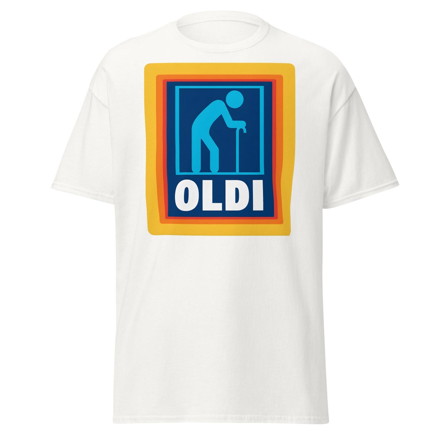 OLDI T-Shirt - Funny Senior Aldi Logo Parody Tee - White - T-Shirts Online