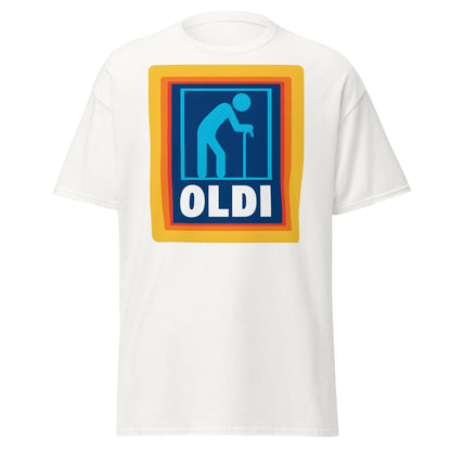 OLDI T-Shirt - Funny Senior Aldi Logo Parody Tee - White - T-Shirts Online