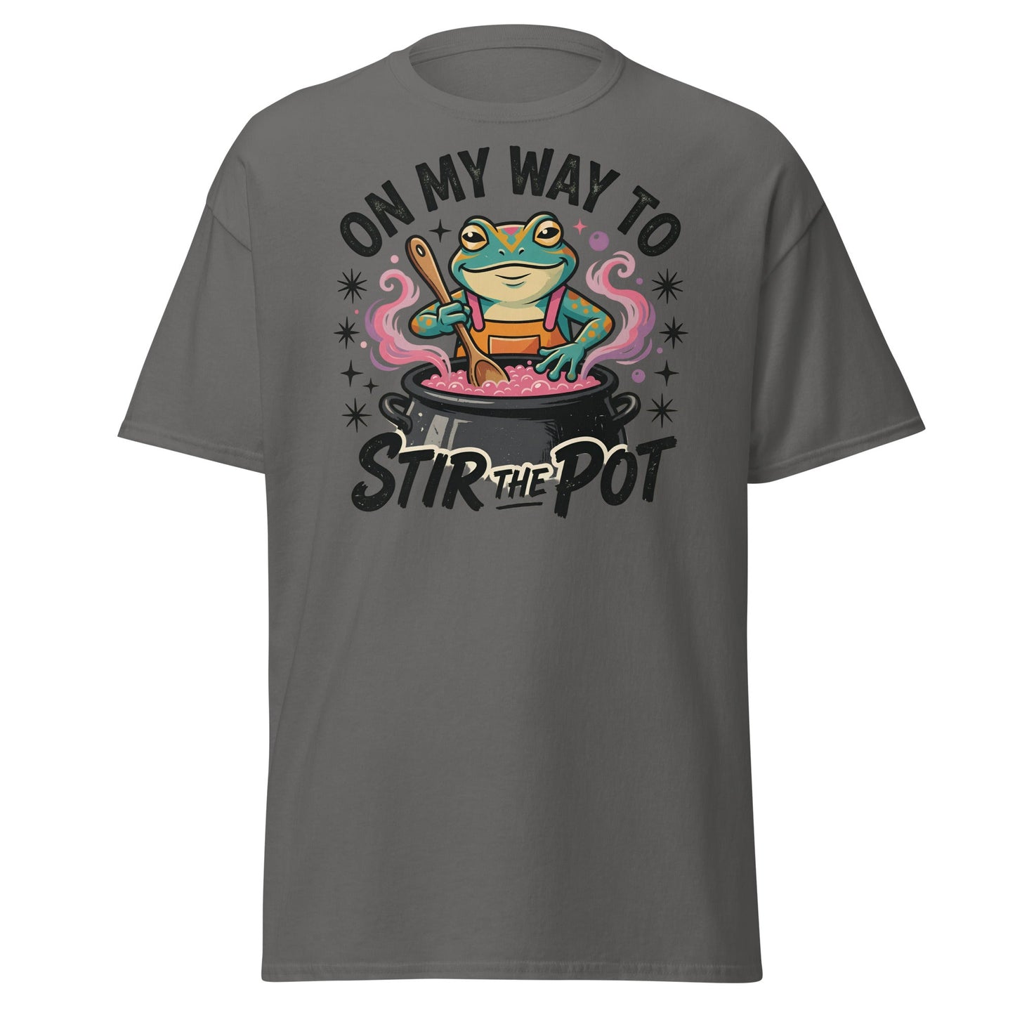 On My Way To Stir The Pot Funny Frog T-Shirt - Charcoal - T-Shirts Online