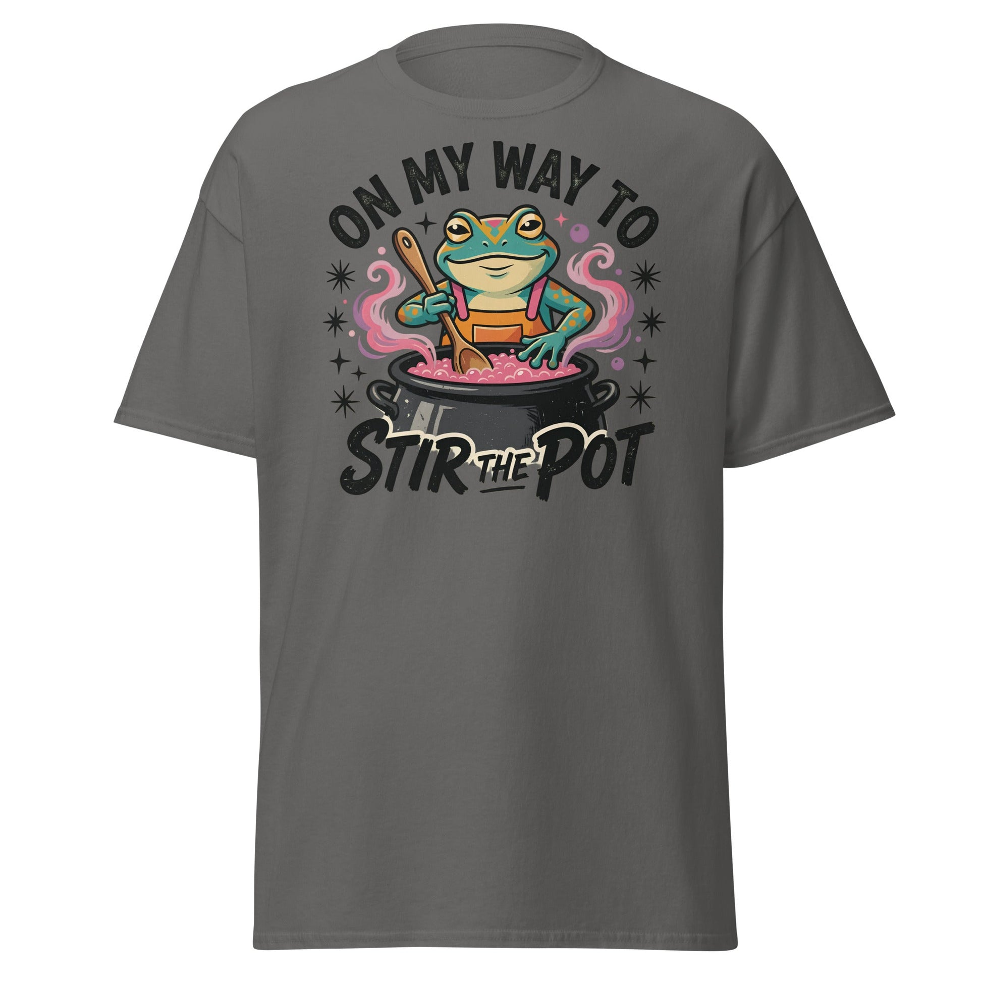 On My Way To Stir The Pot Funny Frog T-Shirt - Charcoal - T-Shirts Online