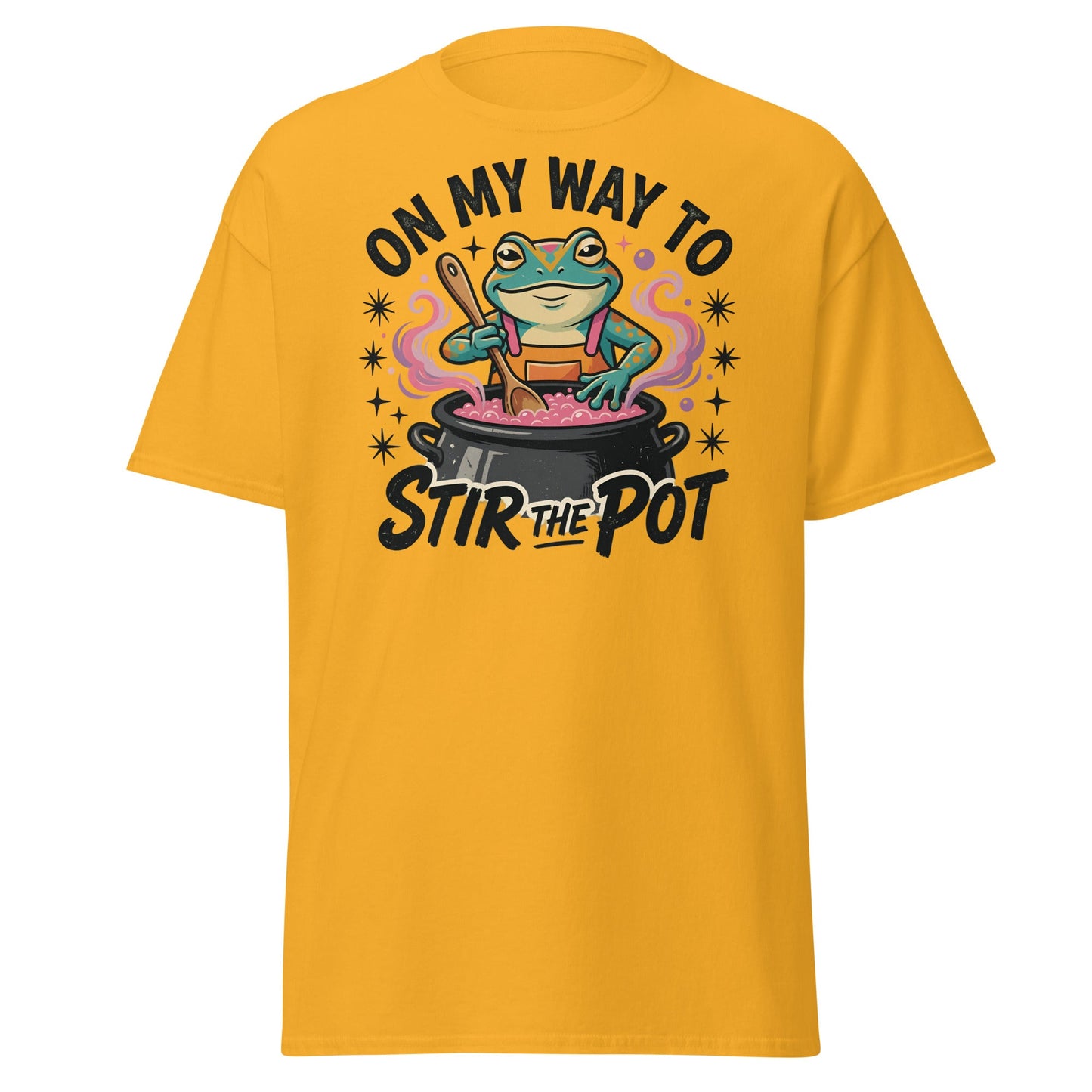 On My Way To Stir The Pot Funny Frog T-Shirt - Gold - T-Shirts Online