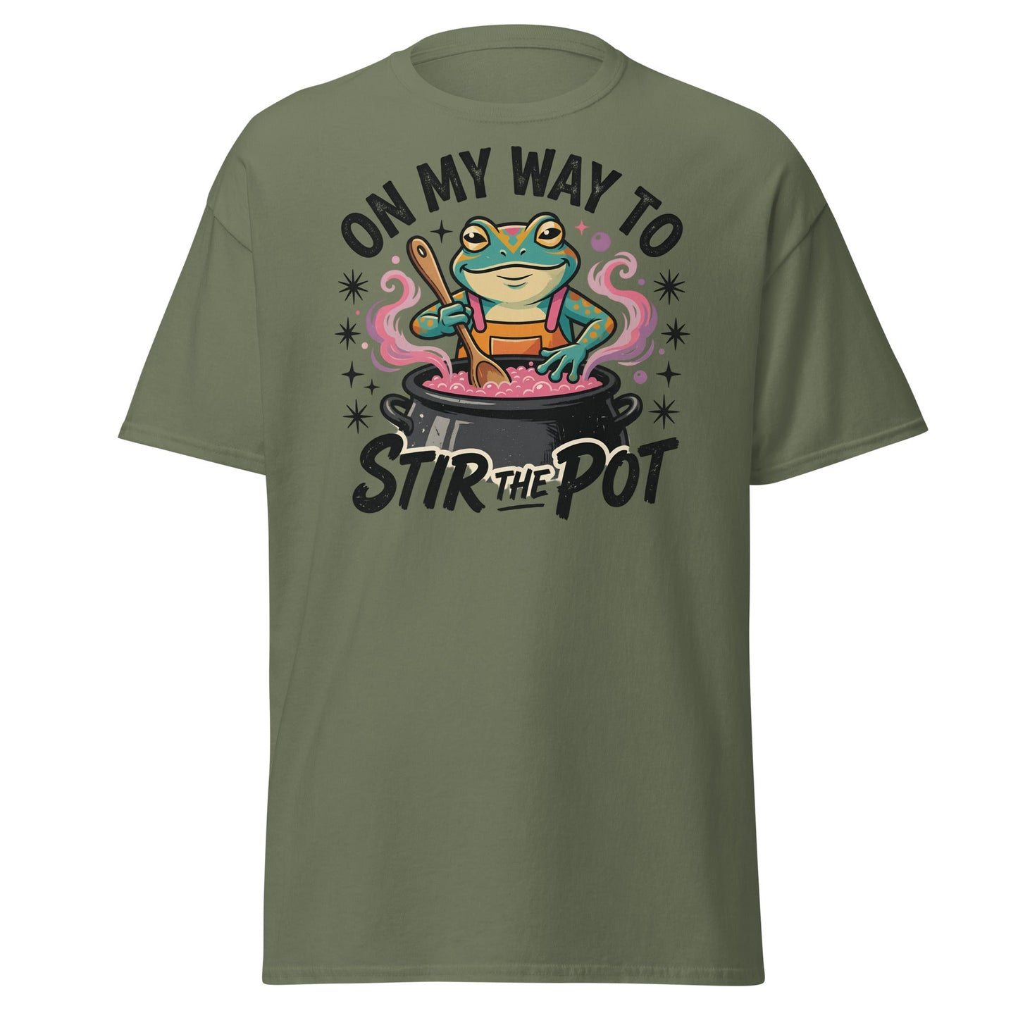 On My Way To Stir The Pot Funny Frog T-Shirt - Military Green - T-Shirts Online