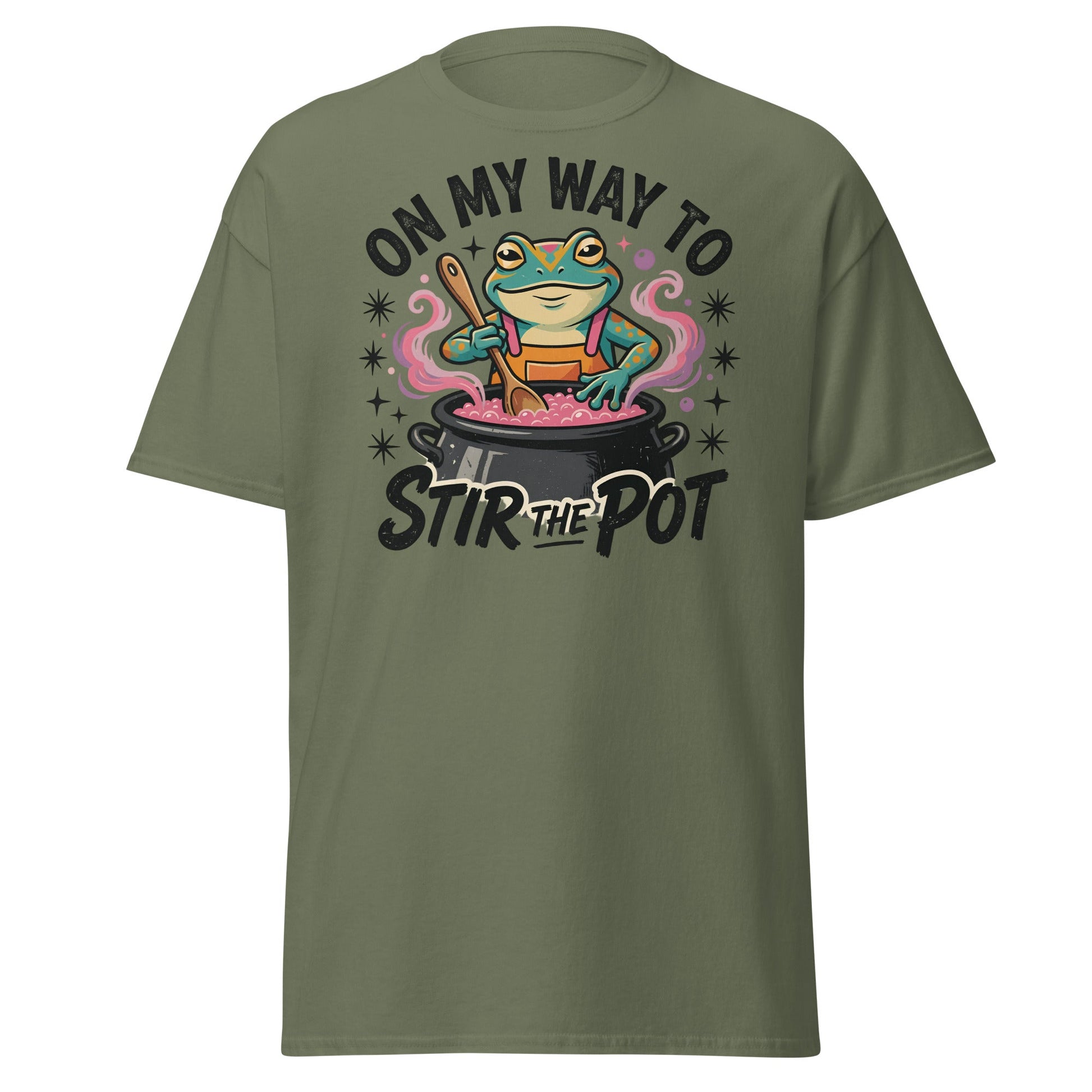 On My Way To Stir The Pot Funny Frog T-Shirt - Military Green - T-Shirts Online