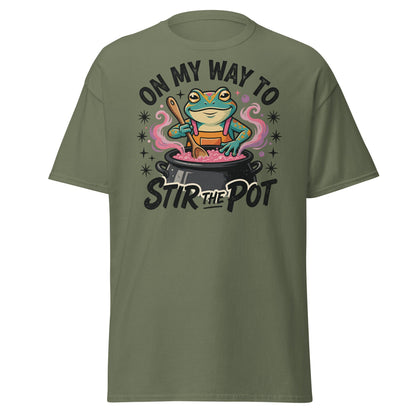 On My Way To Stir The Pot Funny Frog T-Shirt - Military Green - T-Shirts Online