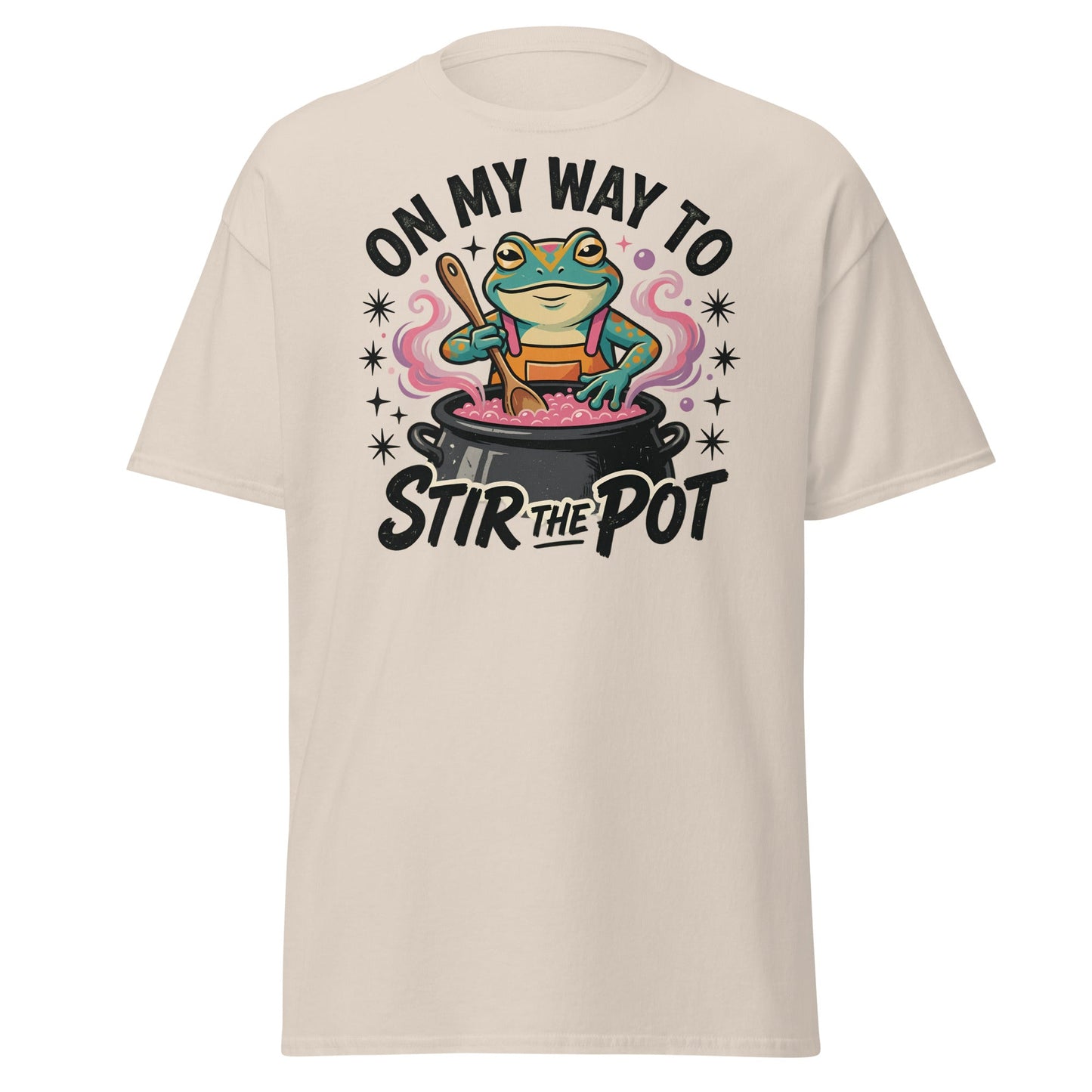 On My Way To Stir The Pot Funny Frog T-Shirt - Natural - T-Shirts Online