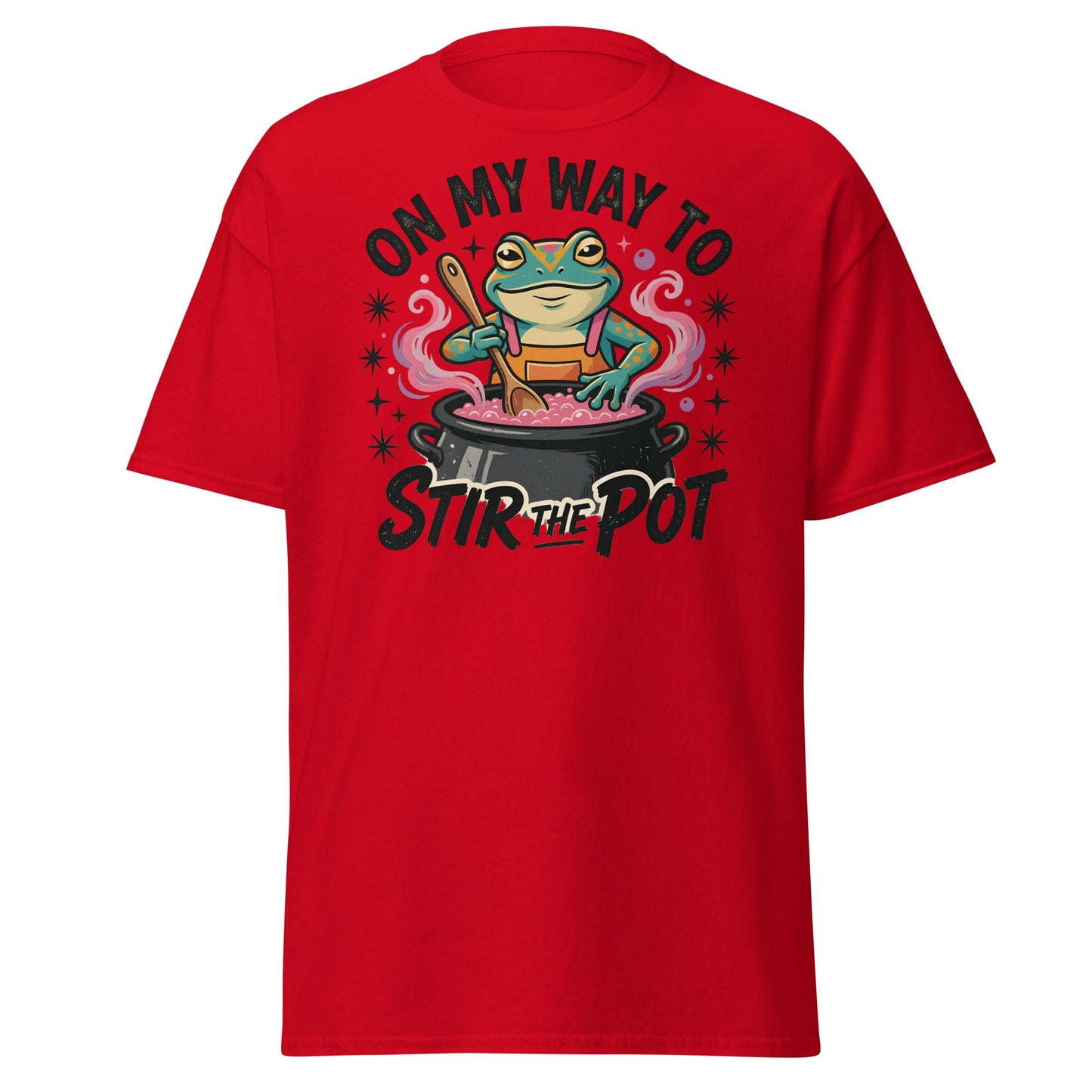 On My Way To Stir The Pot Funny Frog T-Shirt - Red - T-Shirts Online