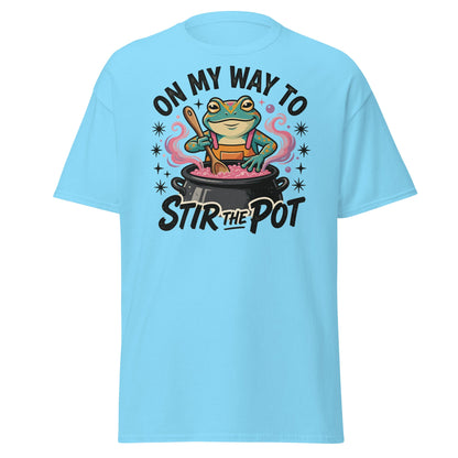 On My Way To Stir The Pot Funny Frog T-Shirt - Sky - T-Shirts Online