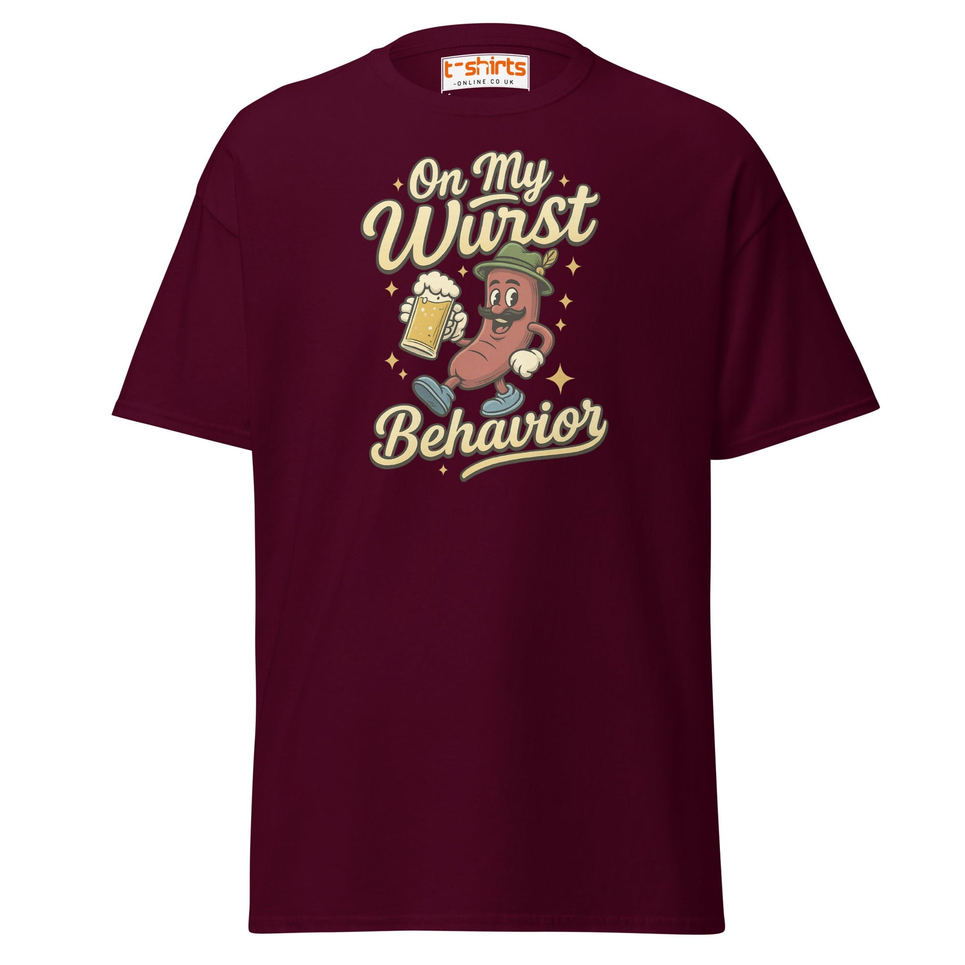 On My Wurst Behavior Tee – Funny Oktoberfest Shirt - Maroon - T-Shirts Online