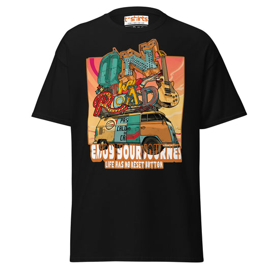 On The Road Again T-Shirt | Retro Travel Adventure Tee - Black - T-Shirts Online