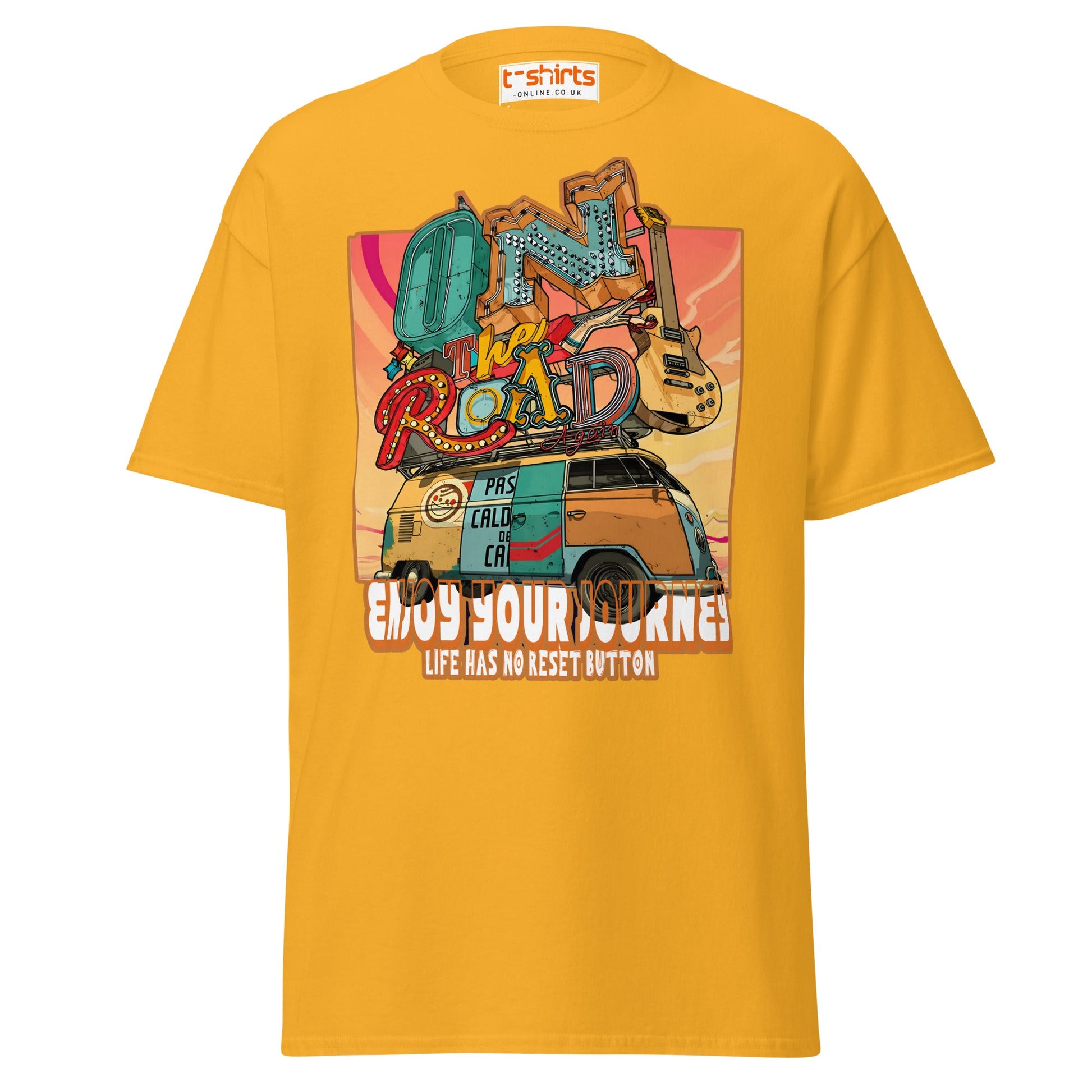 On The Road Again T-Shirt | Retro Travel Adventure Tee - Gold - T-Shirts Online