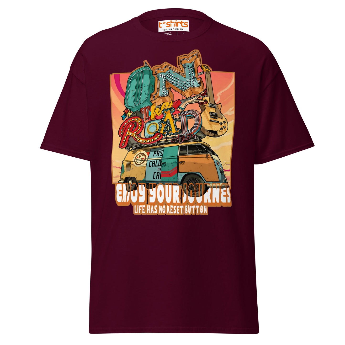 On The Road Again T-Shirt | Retro Travel Adventure Tee - Maroon - T-Shirts Online