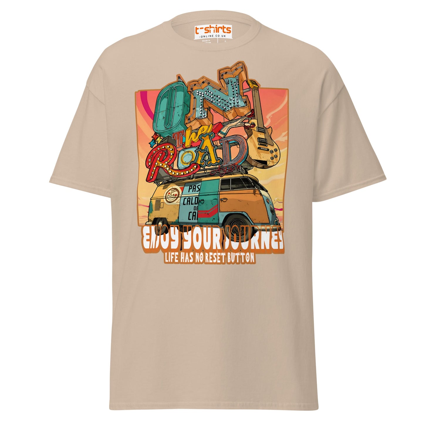 On The Road Again T-Shirt | Retro Travel Adventure Tee - Sand - T-Shirts Online