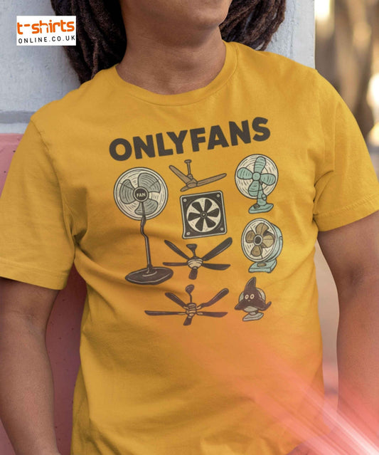 Cartoon illustration of six different electric fans under the bold title “ONLYFANS” on a transparent background.