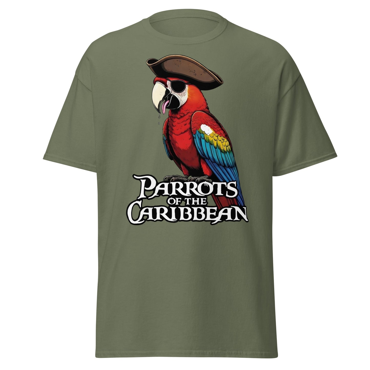 Parrots of the Caribbean T-Shirt - Funny Pirate Macaw Tee - Military Green - T-Shirts Online
