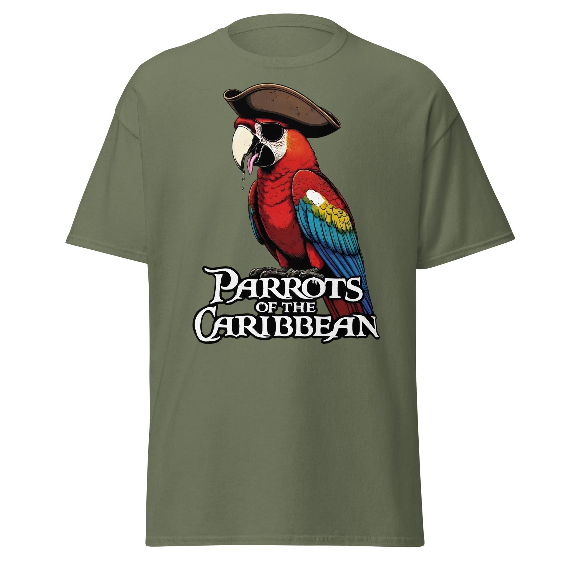 Parrots of the Caribbean T-Shirt - Funny Pirate Macaw Tee - Military Green - T-Shirts Online