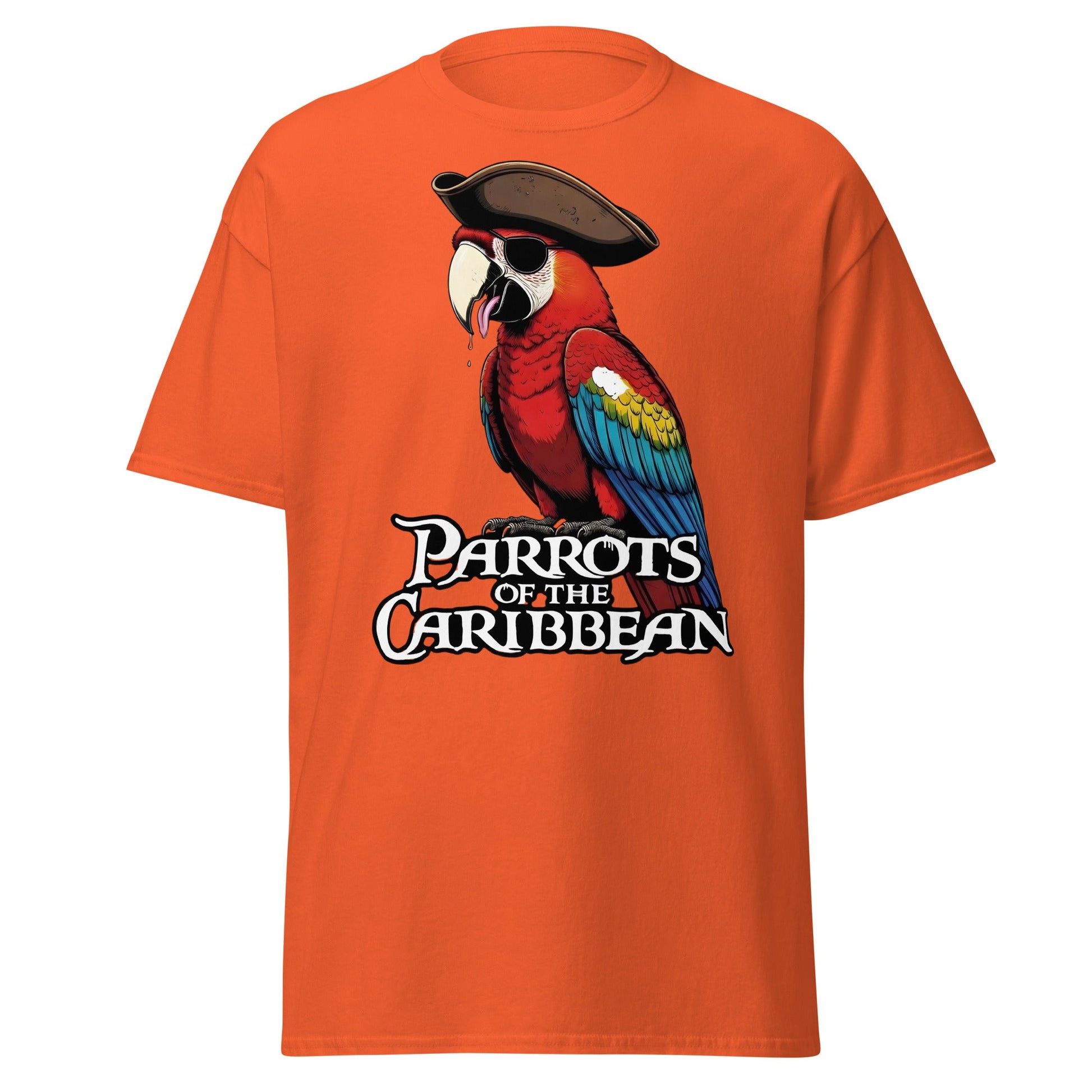 Parrots of the Caribbean T-Shirt - Funny Pirate Macaw Tee - Orange - T-Shirts Online