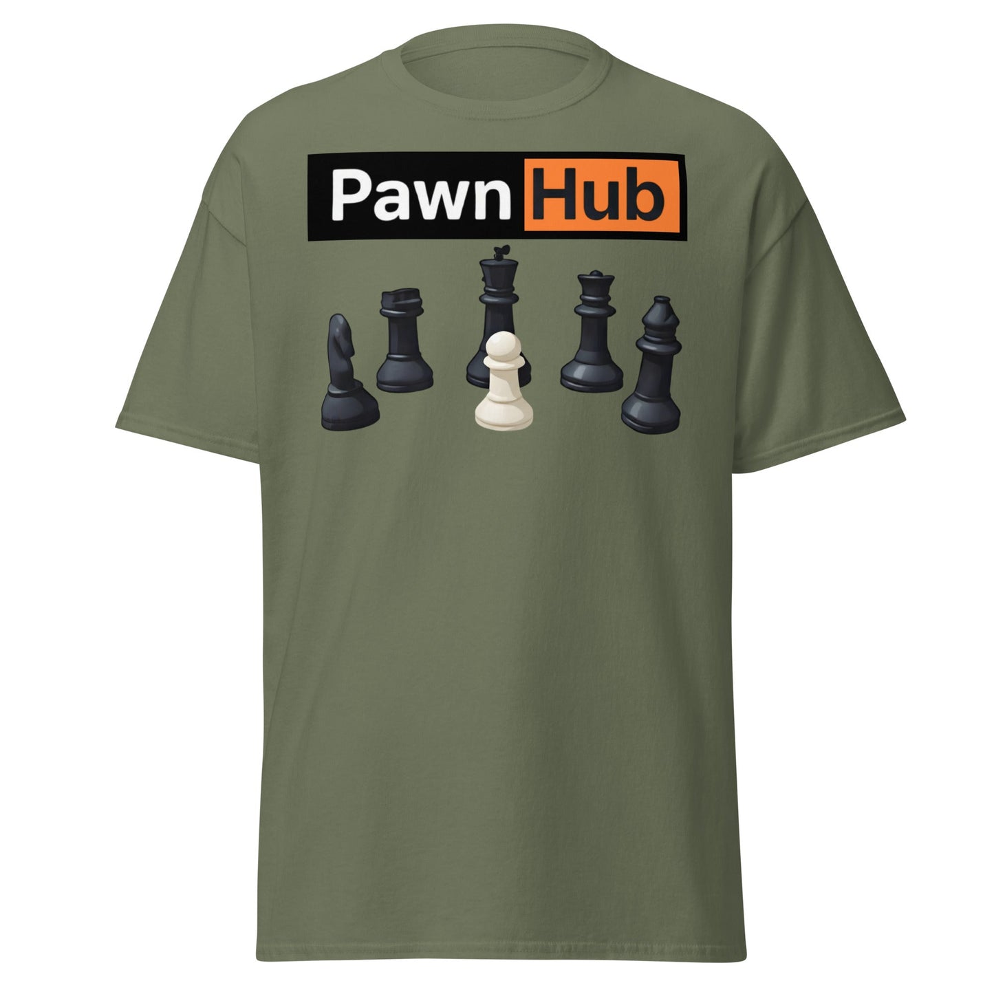Pawn Hub Funny Chess T-Shirt - Clever Adult Humor Tee - Military Green - T-Shirts Online