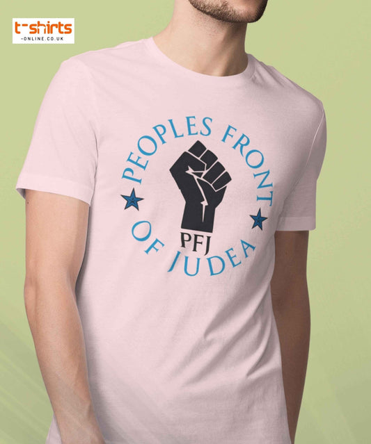 Person wearing a pink t-shirt with 'Peoples Front of Judea' design on a light green background