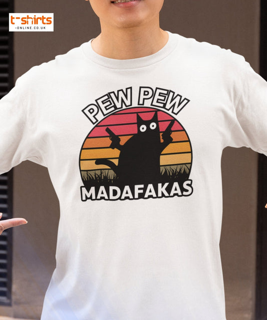 Person wearing a white t-shirt with a graphic design and text.